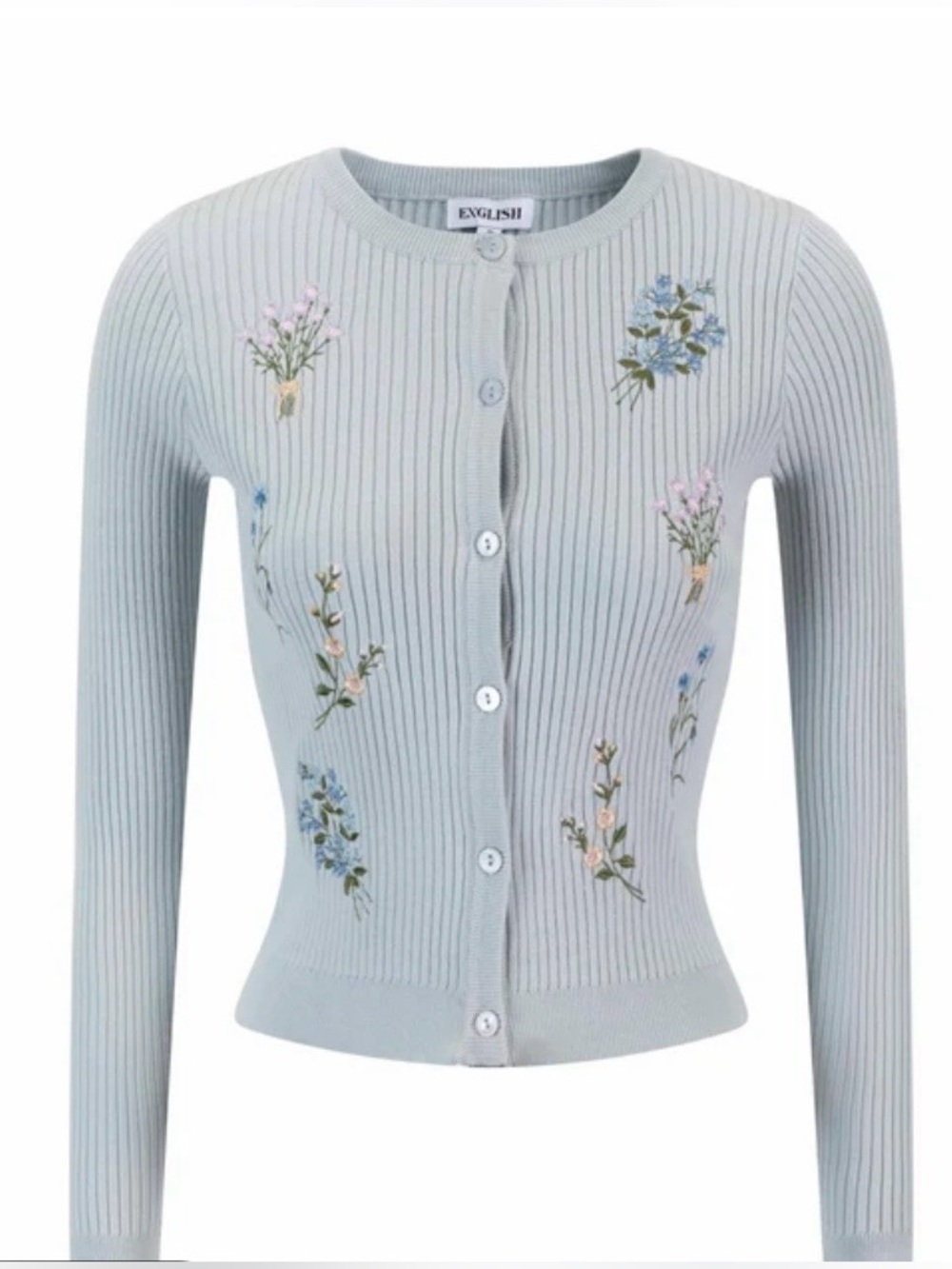 English Factory Pale Blue Ribbed Floral Embroidered Button Cardigan